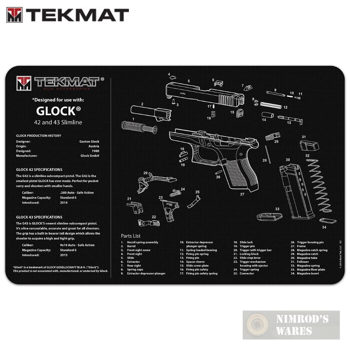 Glock 42/43 Armorers Cleaning Bench Mat 11"x17"